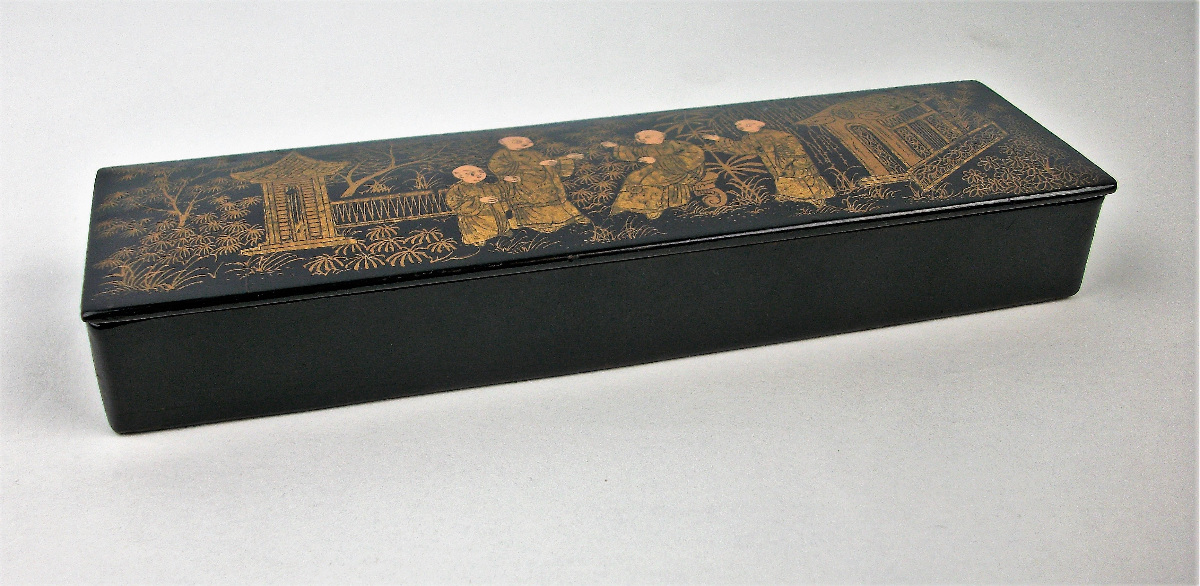 Antique Japanese Hand-Painted Black Lacquer Pencil Box Papier Mache Chinoiserie